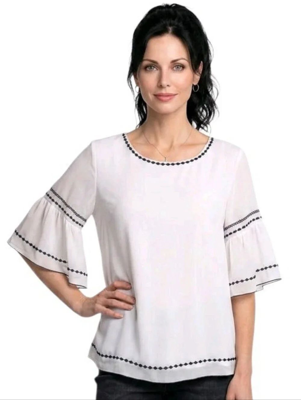 Vance Camuto White Embroidered Back Trim Ruffle Sleeve Chiffon Blouse Size S